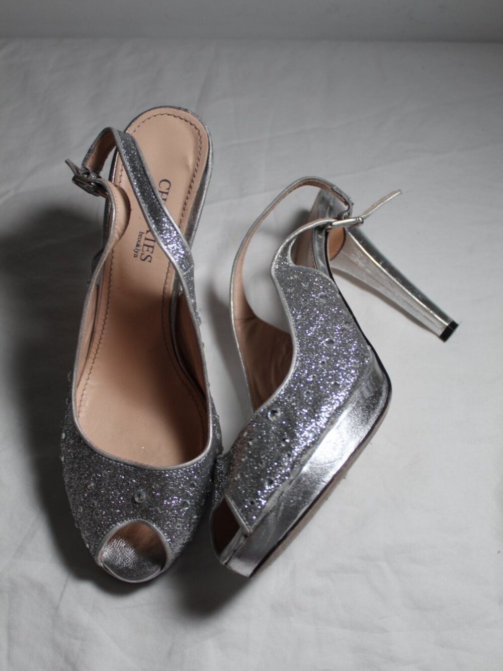 Chuckies Brooklyn Peep Toe Slingback Silver Embellished Heels Pumps Glitter 39.5